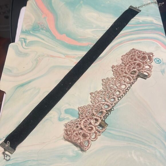 2 Chokers - 1 Black Velvet and 1 Pink Lace - Both Adjustable Sizing Clasp - Picture 1 of 3